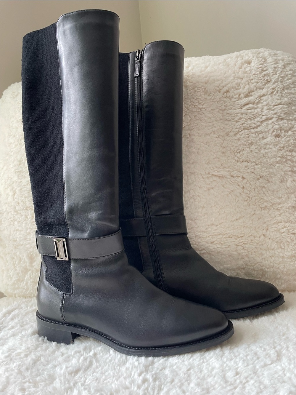 Aquatalia Black Leather and Cloth Tall Boots